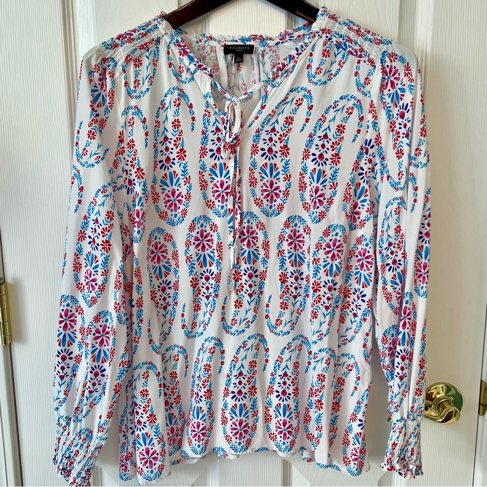 Talbots-Petite-Long Sleeve Blouse-Colorful Floral Paisley-Tie Front-Size LP